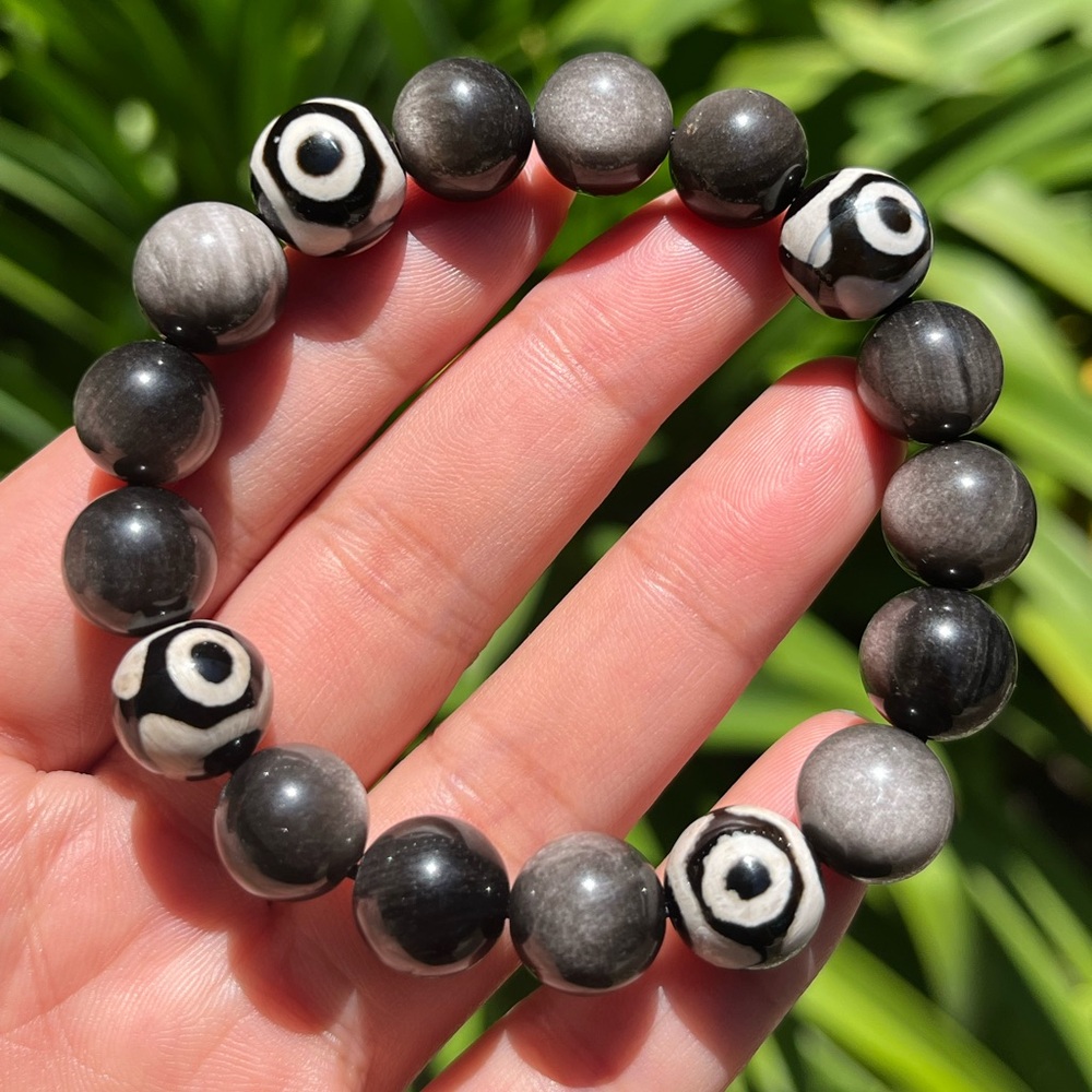 10mm silver obsidian 12mm evil eye agate strechable bracelet